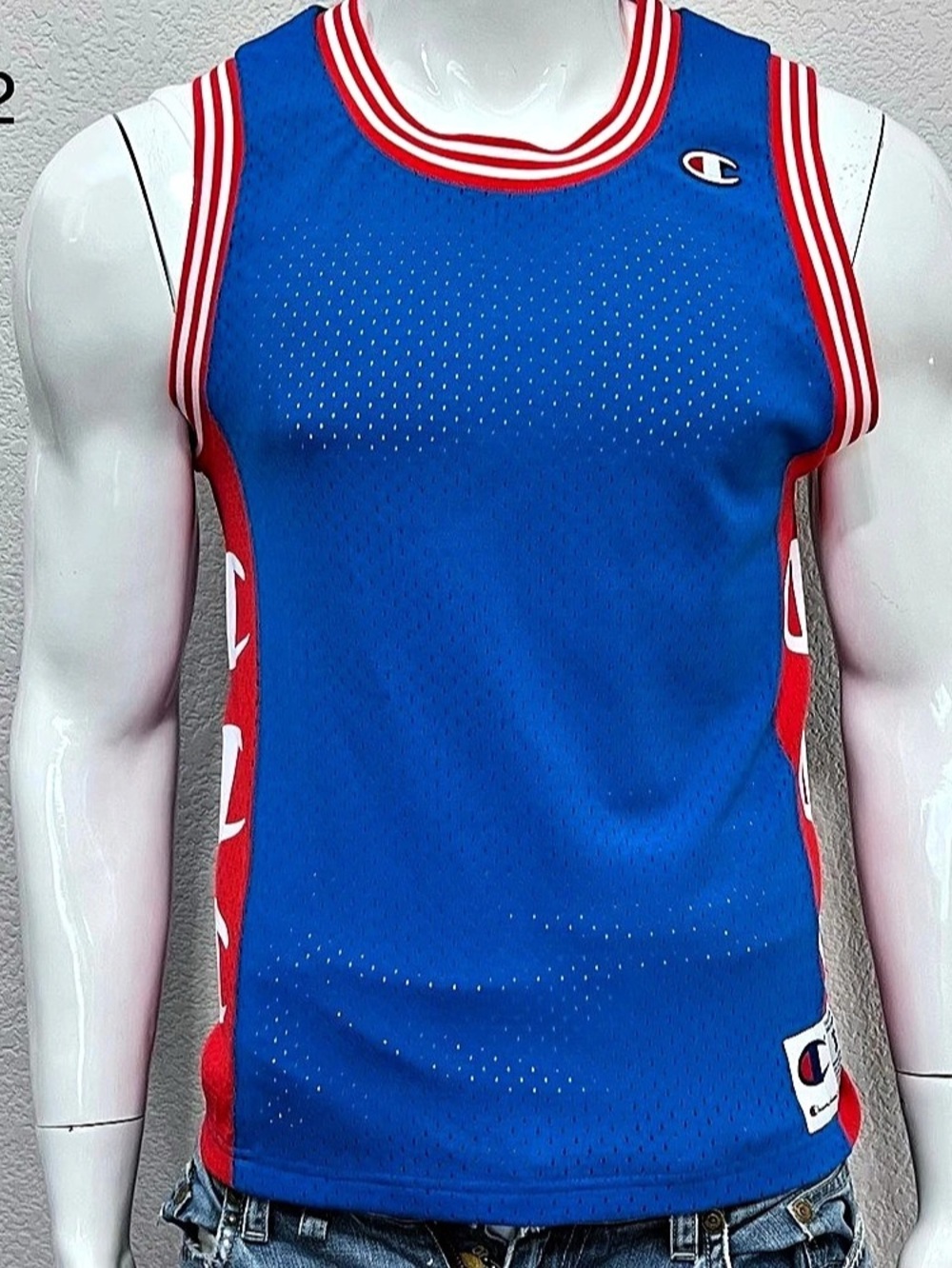 Vtg Champion Men’s SZ S Mesh Basketball Jersey Blue Red Spellout 90s Y2K